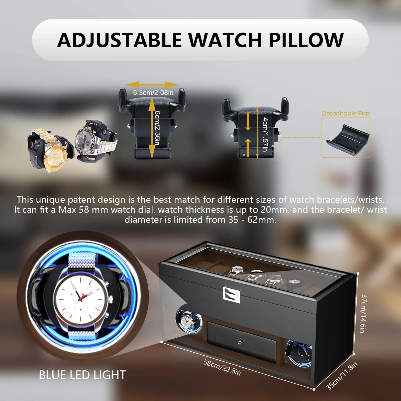 2 Watch Winder for Automatic Watches with 16 Extra Organizer Box LED Light Quiet Motors - Black