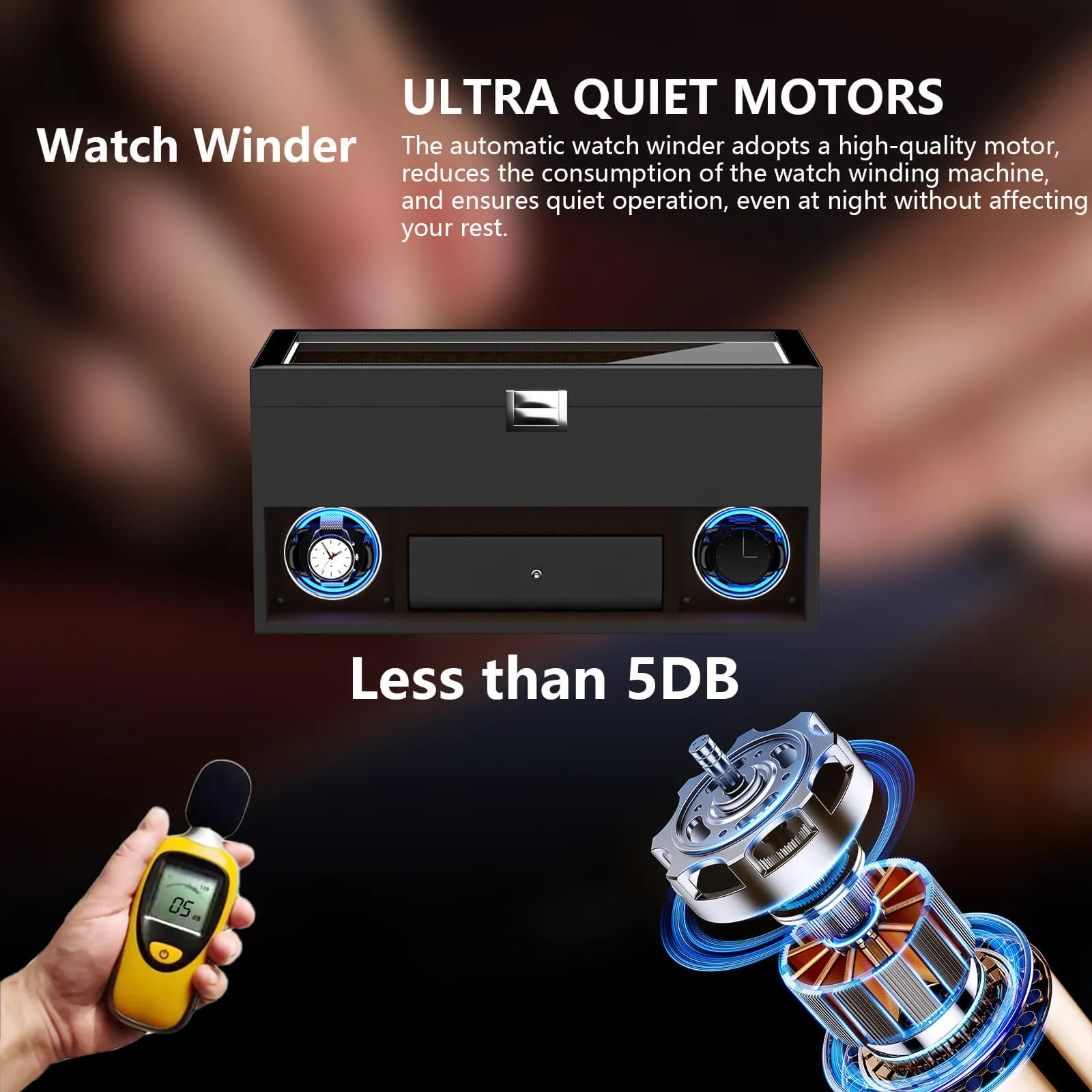 2 Watch Winder for Automatic Watches with 16 Extra Organizer Box LED Light Quiet Motors - Black
