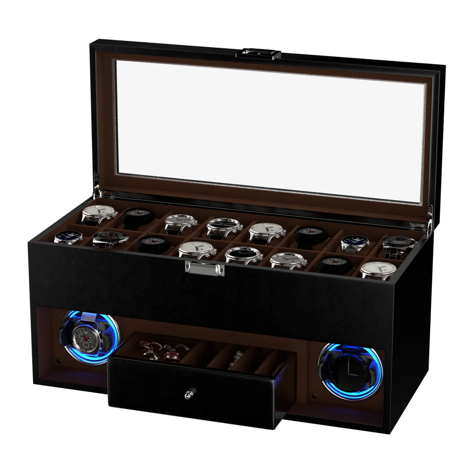 2 Watch Winder for Automatic Watches with 16 Extra Organizer Box LED Light Quiet Motors - Black