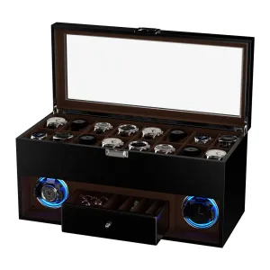 2 Watch Winder for Automatic Watches with 16 Extra Organizer Box LED Light Quiet Motors - Black