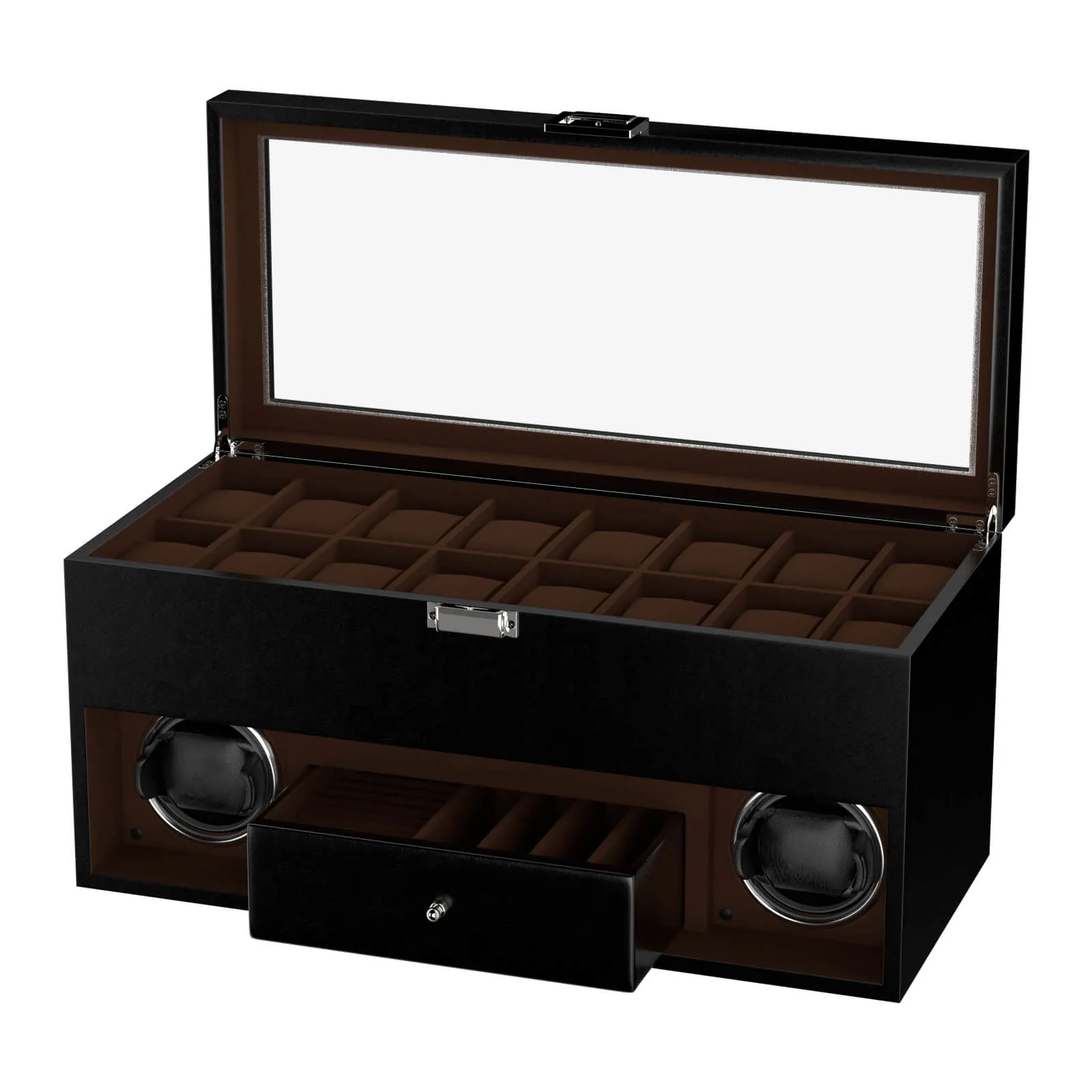 2 Watch Winder for Automatic Watches with 16 Extra Organizer Box LED Light Quiet Motors - Black