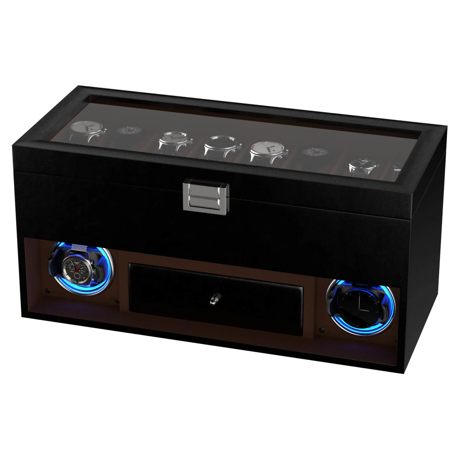 2 Watch Winder for Automatic Watches with 16 Extra Organizer Box LED Light Quiet Motors - Black