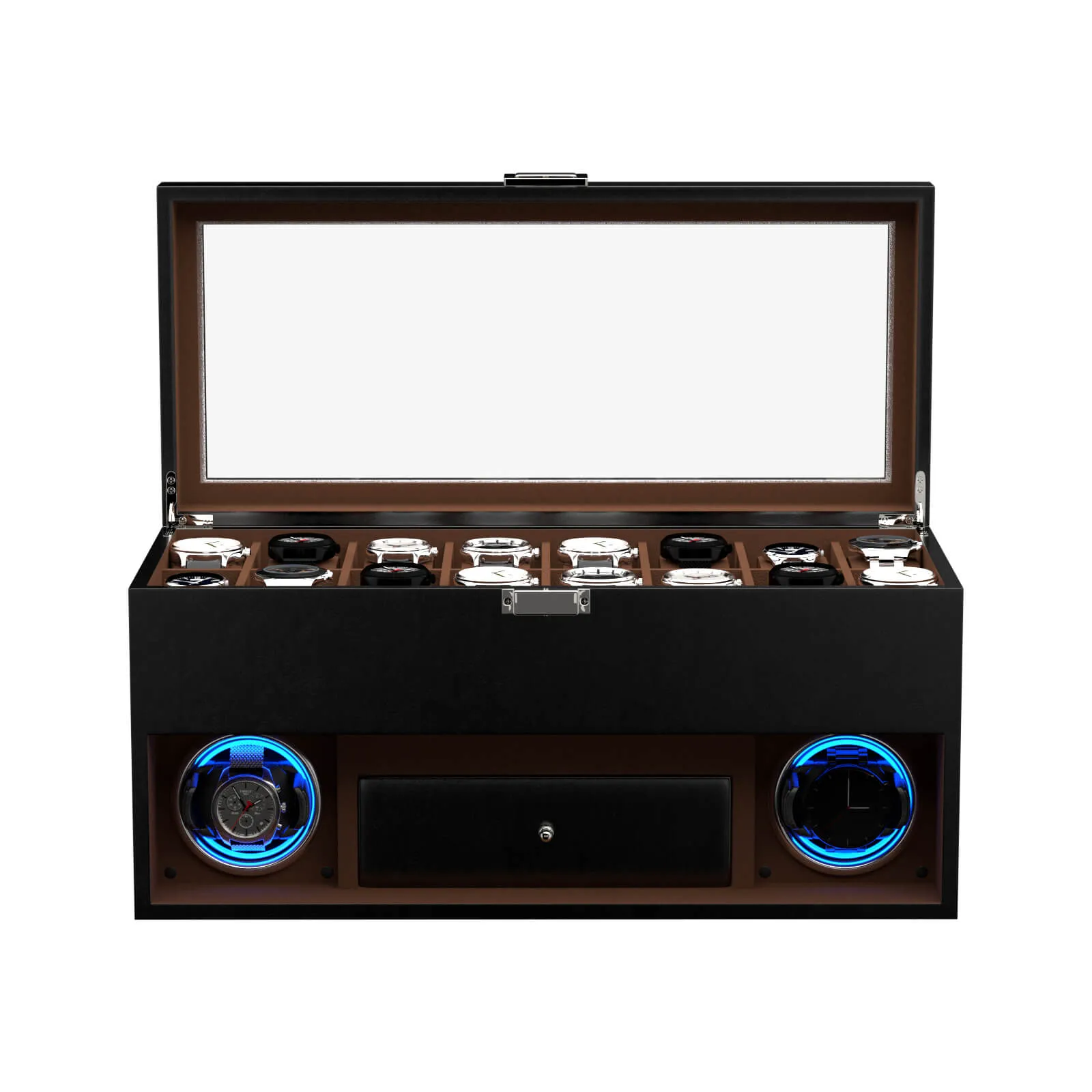 2 Watch Winder for Automatic Watches with 16 Extra Organizer Box LED Light Quiet Motors - Black