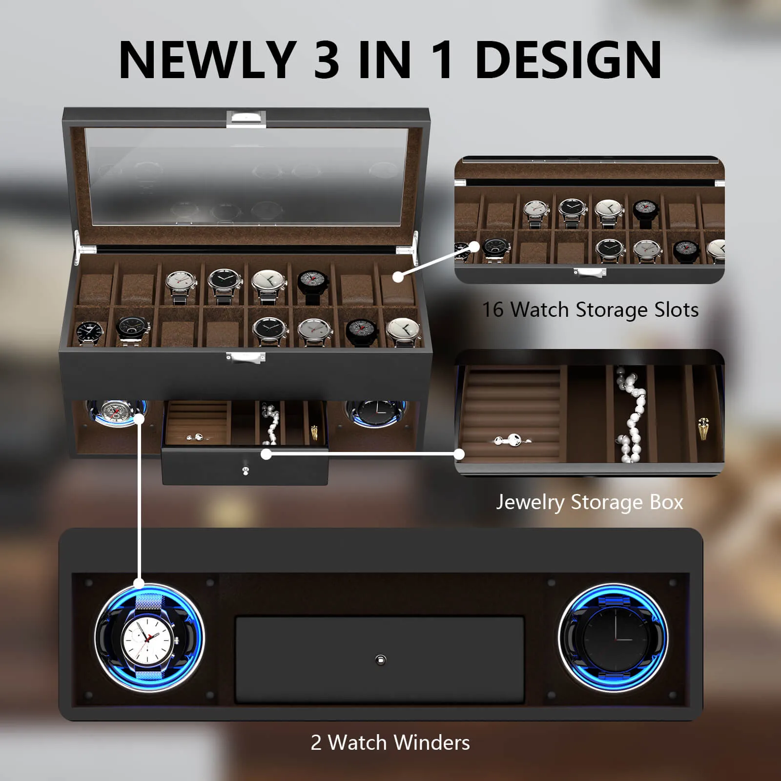 2 Watch Winder for Automatic Watches with 16 Extra Organizer Box LED Light Quiet Motors - Black