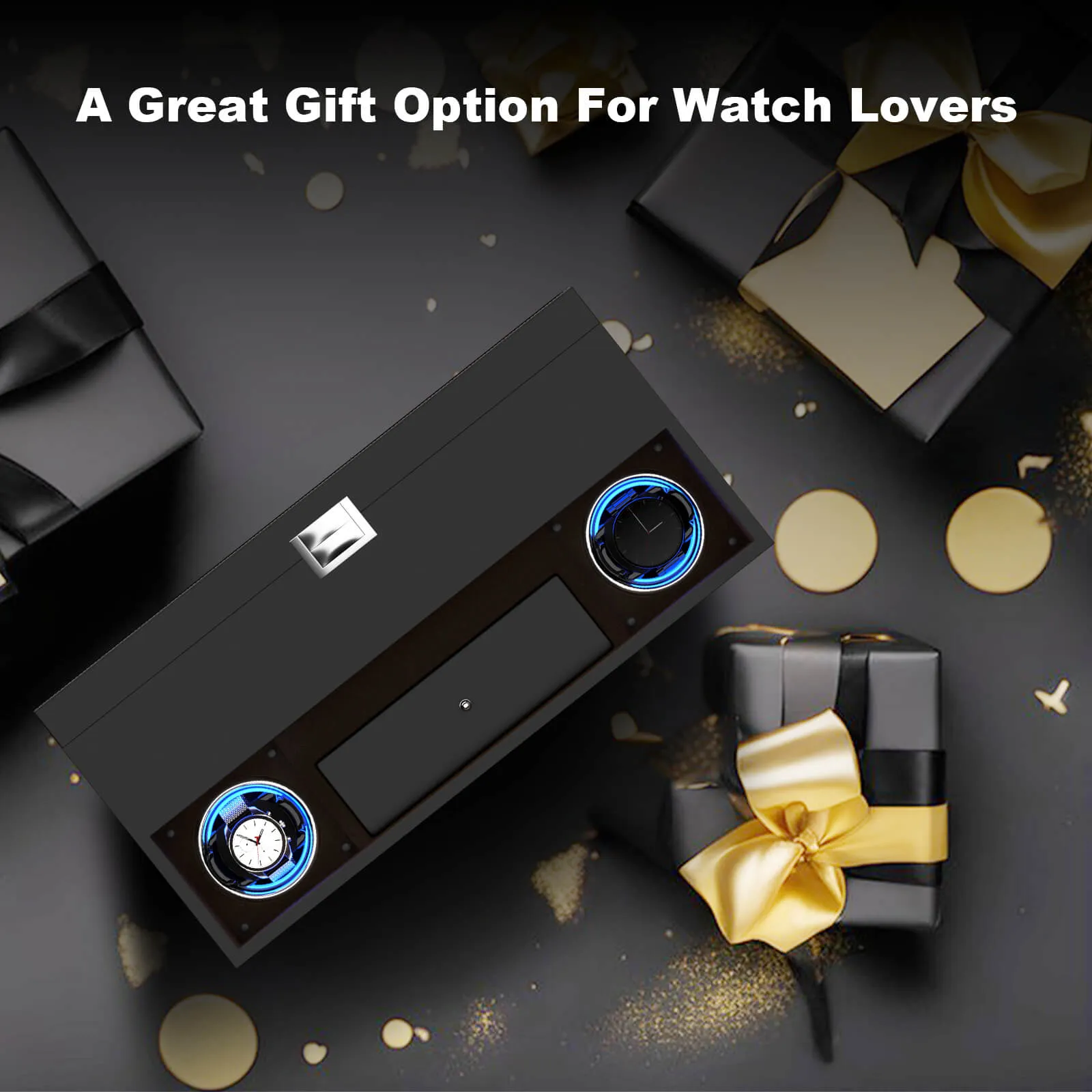 2 Watch Winder for Automatic Watches with 16 Extra Organizer Box LED Light Quiet Motors - Black