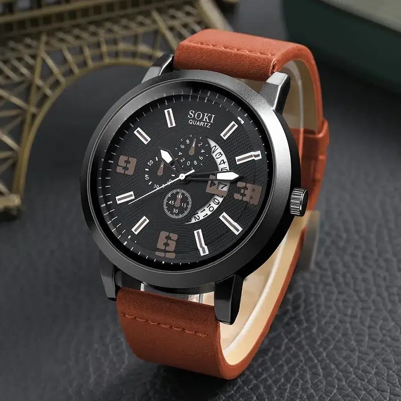 4pcs Set Fashion Mens Sports Watches Man Business Quartz Wristwatch Luxury Brown Leather Bracelet Men Casual Clock Watch
