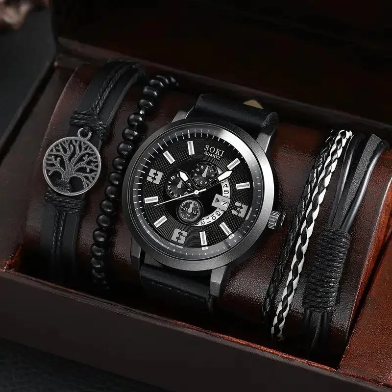 4pcs Set Fashion Mens Sports Watches Man Business Quartz Wristwatch Luxury Brown Leather Bracelet Men Casual Clock Watch