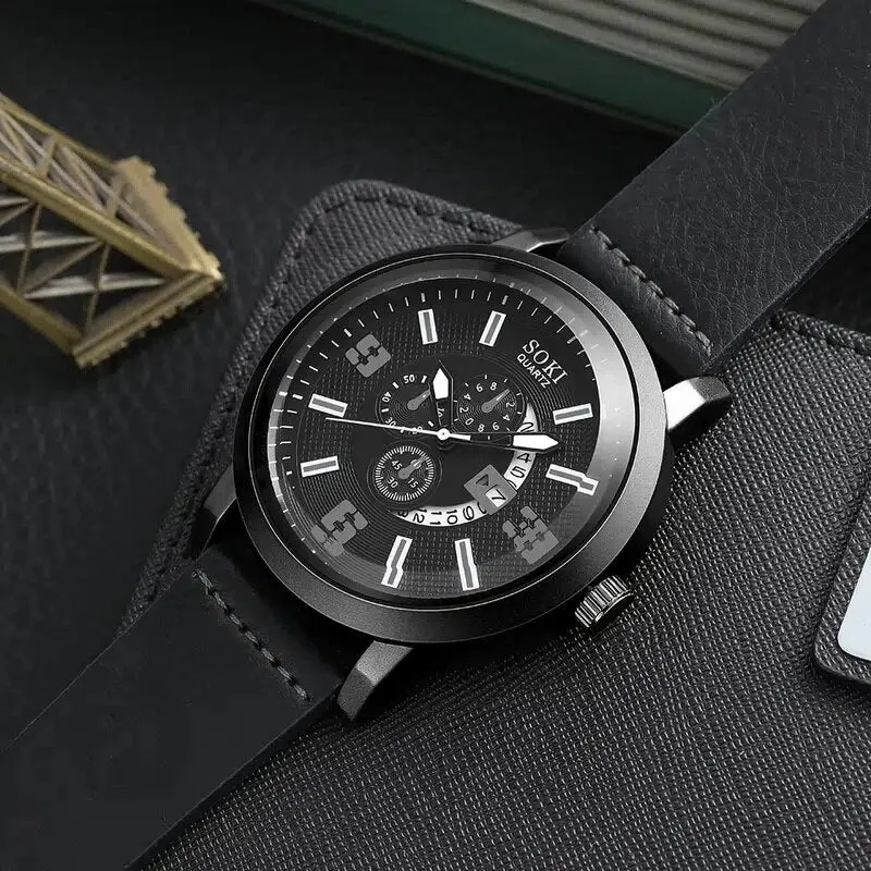 4pcs Set Fashion Mens Sports Watches Man Business Quartz Wristwatch Luxury Brown Leather Bracelet Men Casual Clock Watch