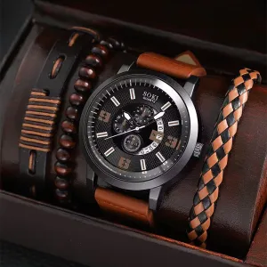 4pcs Set Fashion Mens Sports Watches Man Business Quartz Wristwatch Luxury Brown Leather Bracelet Men Casual Clock Watch