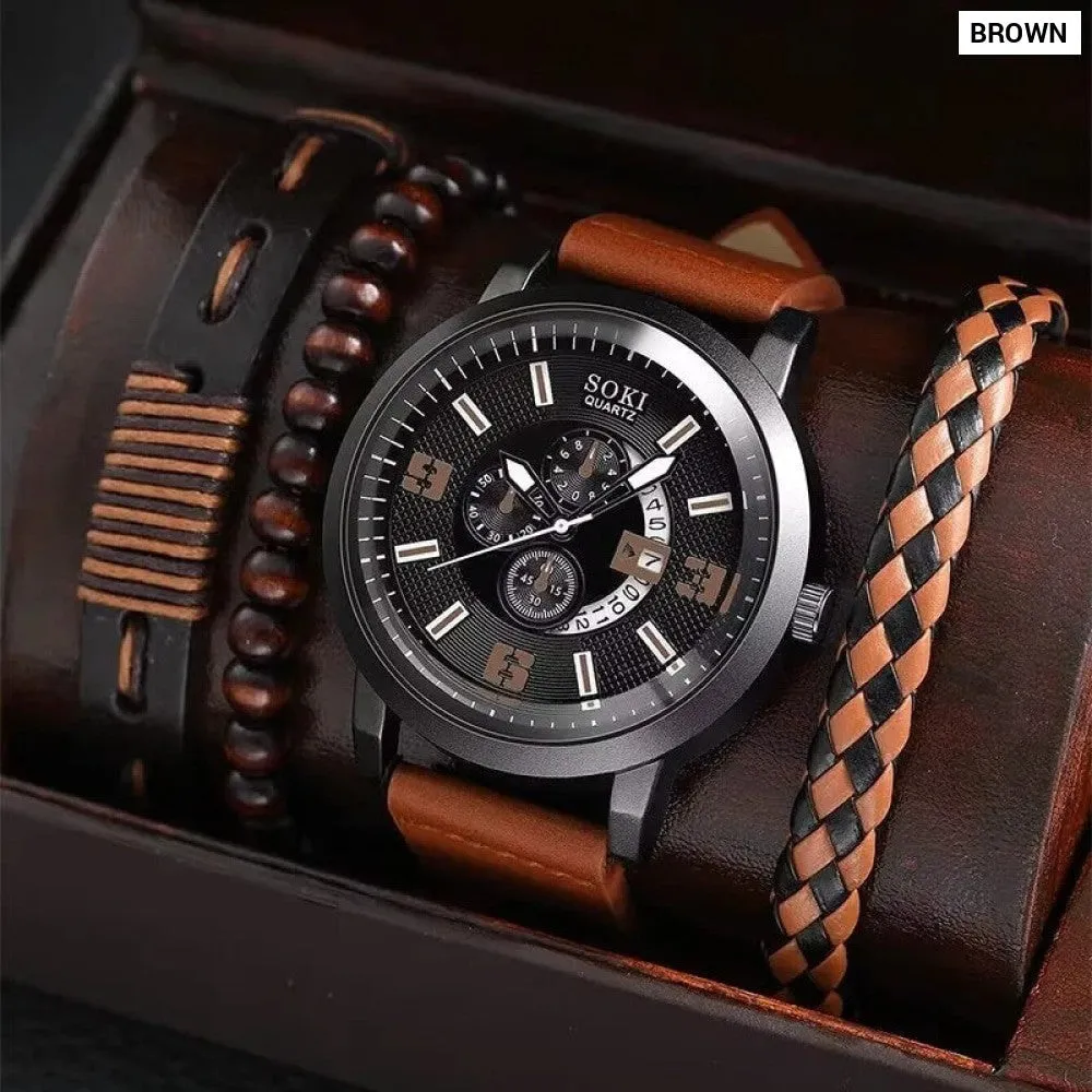 4pcs Set Fashion Mens Sports Watches Man Business Quartz Wristwatch Luxury Brown Leather Bracelet Men Casual Clock Watch