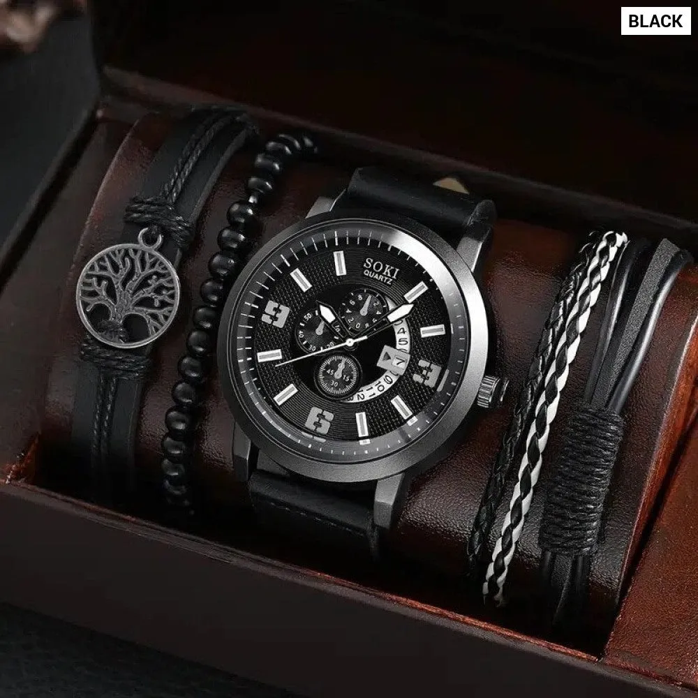 4pcs Set Fashion Mens Sports Watches Man Business Quartz Wristwatch Luxury Brown Leather Bracelet Men Casual Clock Watch