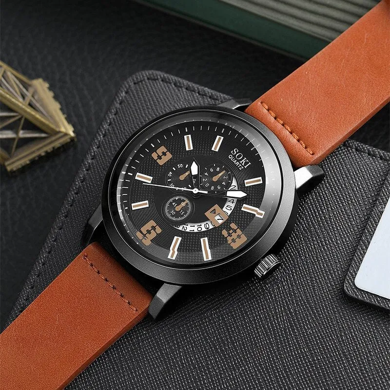 4pcs Set Fashion Mens Sports Watches Man Business Quartz Wristwatch Luxury Brown Leather Bracelet Men Casual Clock Watch