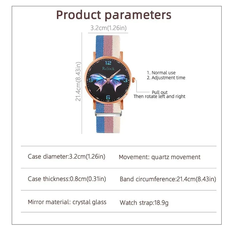 5pcs Set Fashion Women Watches Ladies Dress Nylon Quartz Watch Womens Butterfly Design Bracelet Wrist Watch