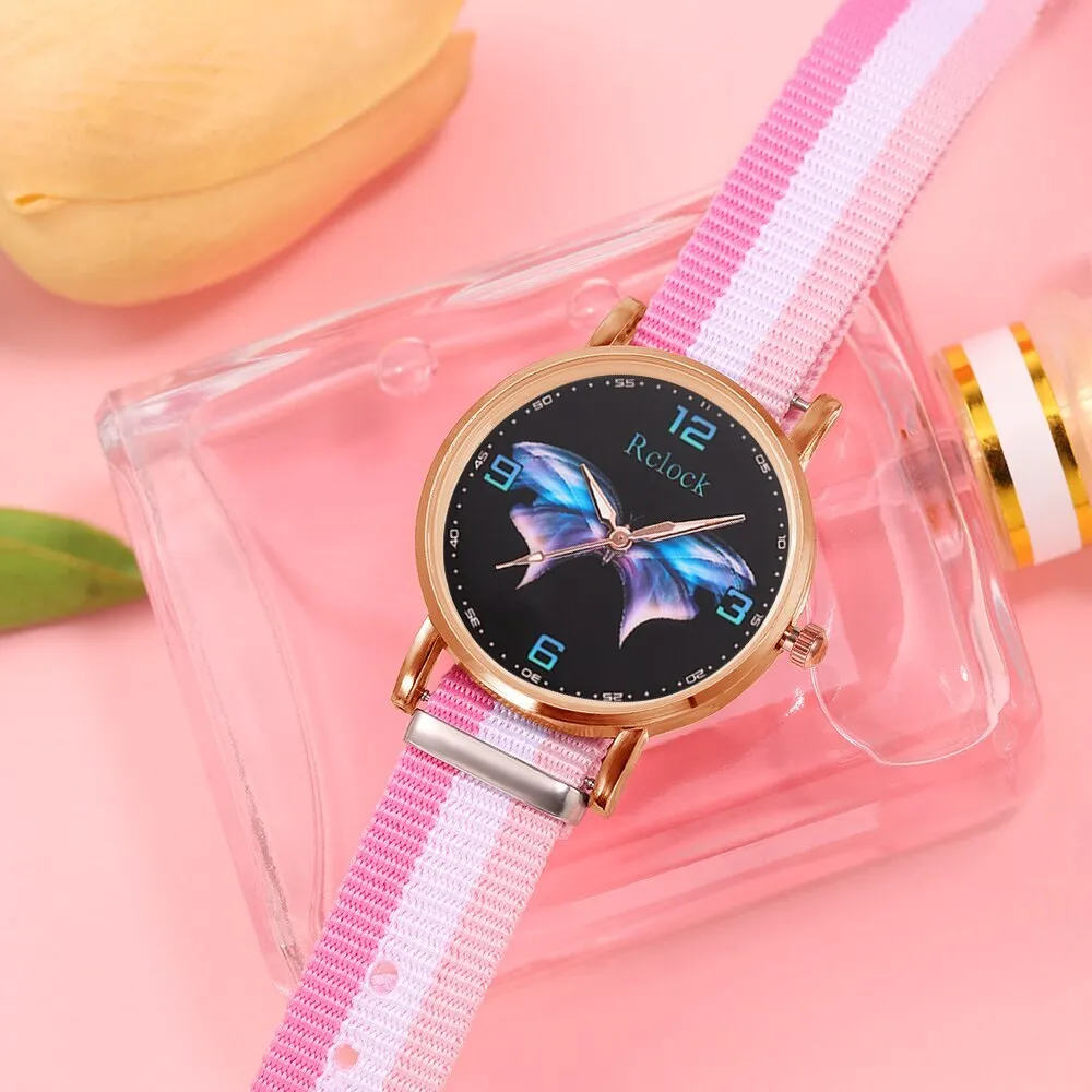 5pcs Set Fashion Women Watches Ladies Dress Nylon Quartz Watch Womens Butterfly Design Bracelet Wrist Watch