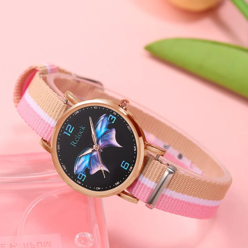 5pcs Set Fashion Women Watches Ladies Dress Nylon Quartz Watch Womens Butterfly Design Bracelet Wrist Watch