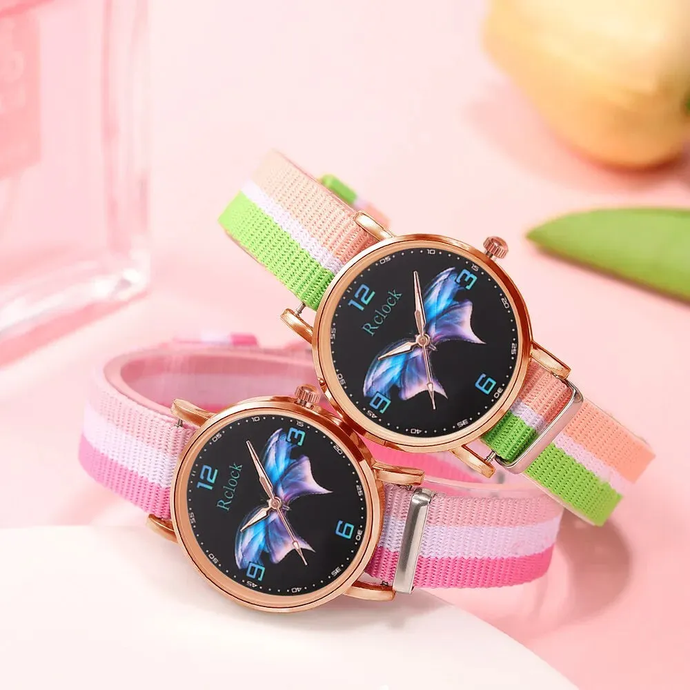 5pcs Set Fashion Women Watches Ladies Dress Nylon Quartz Watch Womens Butterfly Design Bracelet Wrist Watch