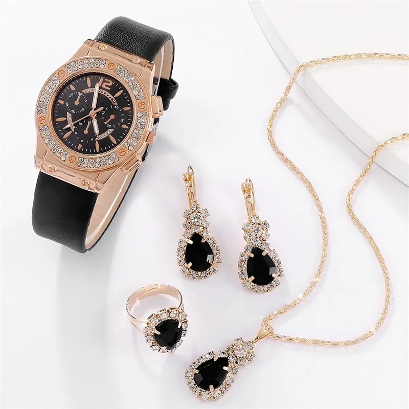 5pcs Set Watches Women Leather Band Ladies Watch Simple Casual Womens Analog Wristwatch Bracelet Gift Montre Femme