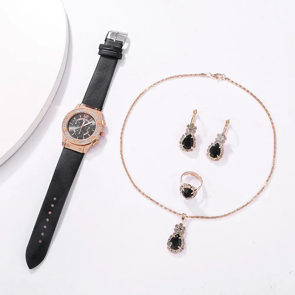 5pcs Set Watches Women Leather Band Ladies Watch Simple Casual Womens Analog Wristwatch Bracelet Gift Montre Femme