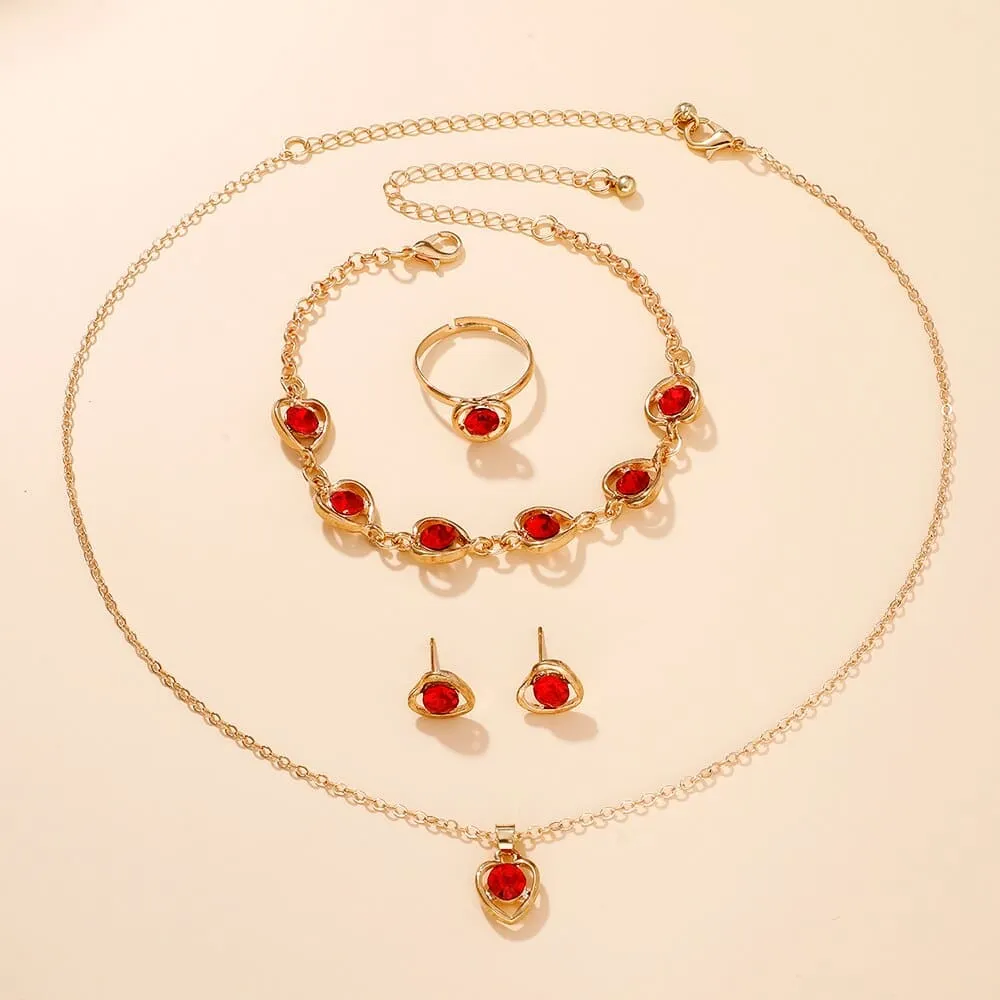 6pcs Set Red Luxury Quartz Watch Women Ring Necklace Earring Rhinestone Fashion Wristwatch Casual Ladies Bracelet Watches