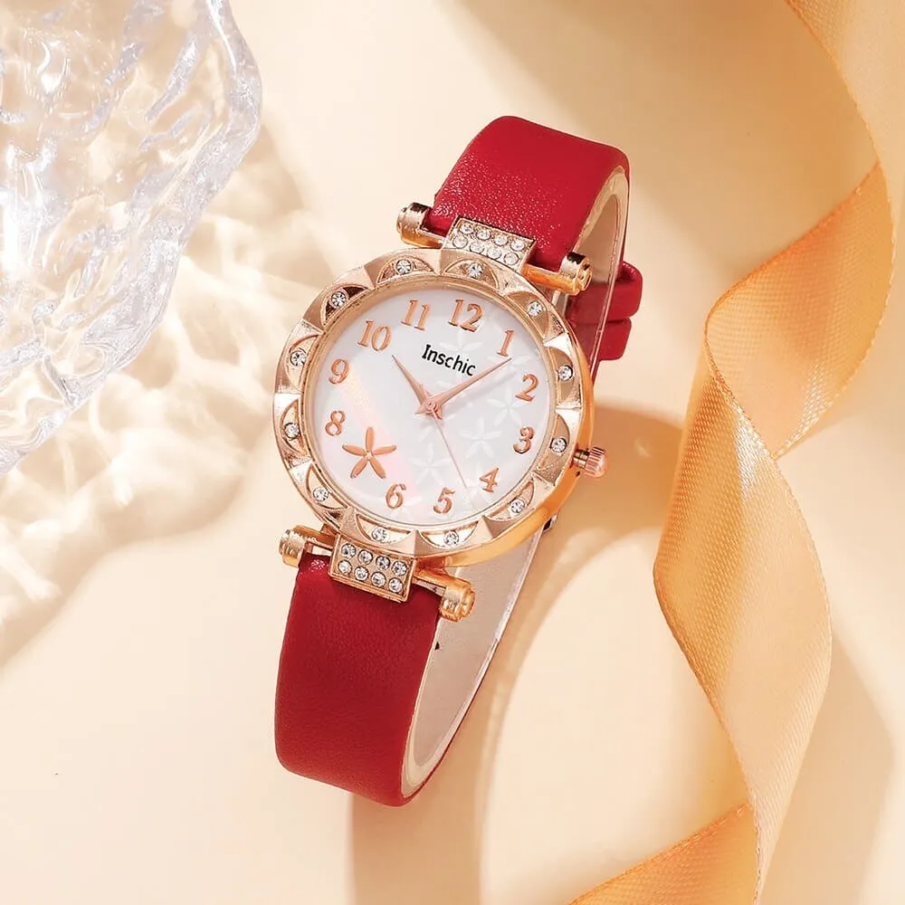 6pcs Set Red Luxury Quartz Watch Women Ring Necklace Earring Rhinestone Fashion Wristwatch Casual Ladies Bracelet Watches
