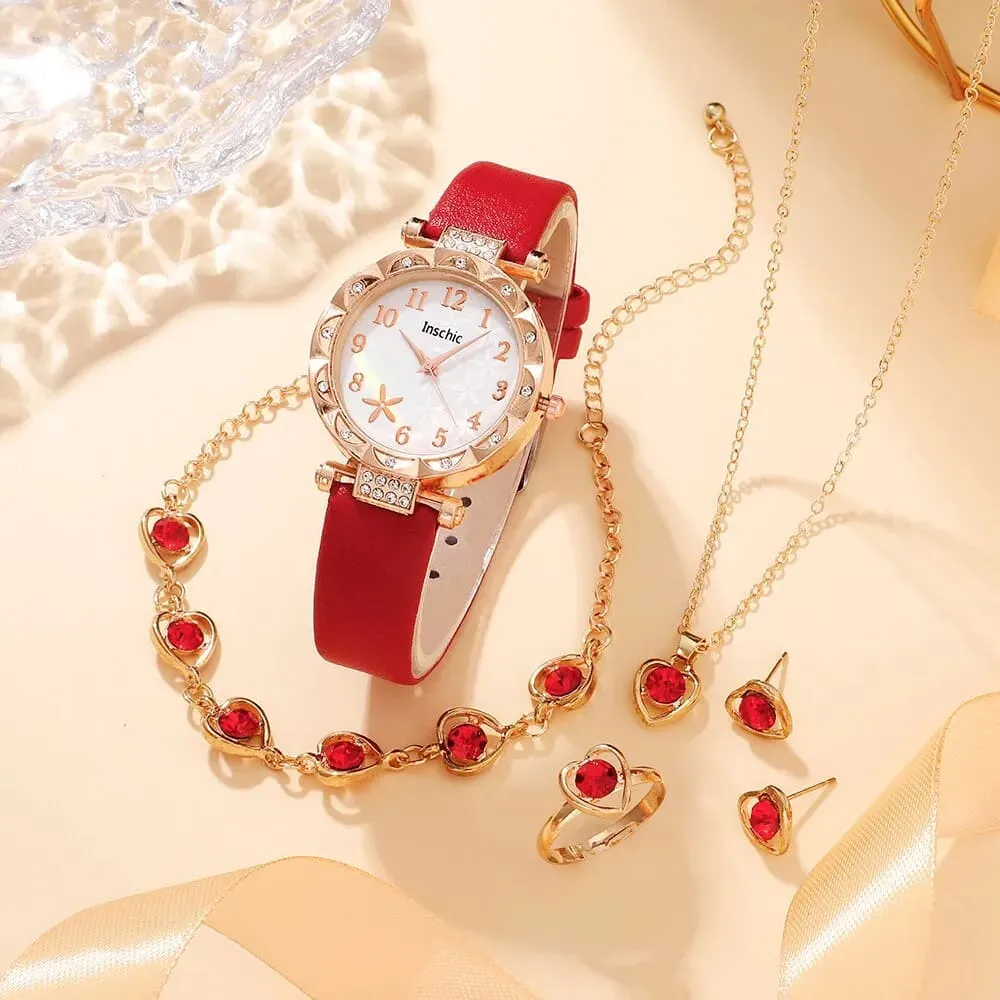 6pcs Set Red Luxury Quartz Watch Women Ring Necklace Earring Rhinestone Fashion Wristwatch Casual Ladies Bracelet Watches