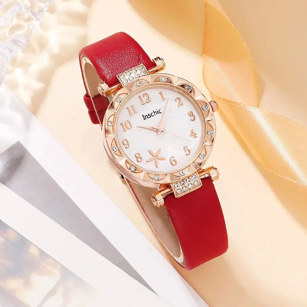6pcs Set Red Luxury Quartz Watch Women Ring Necklace Earring Rhinestone Fashion Wristwatch Casual Ladies Bracelet Watches