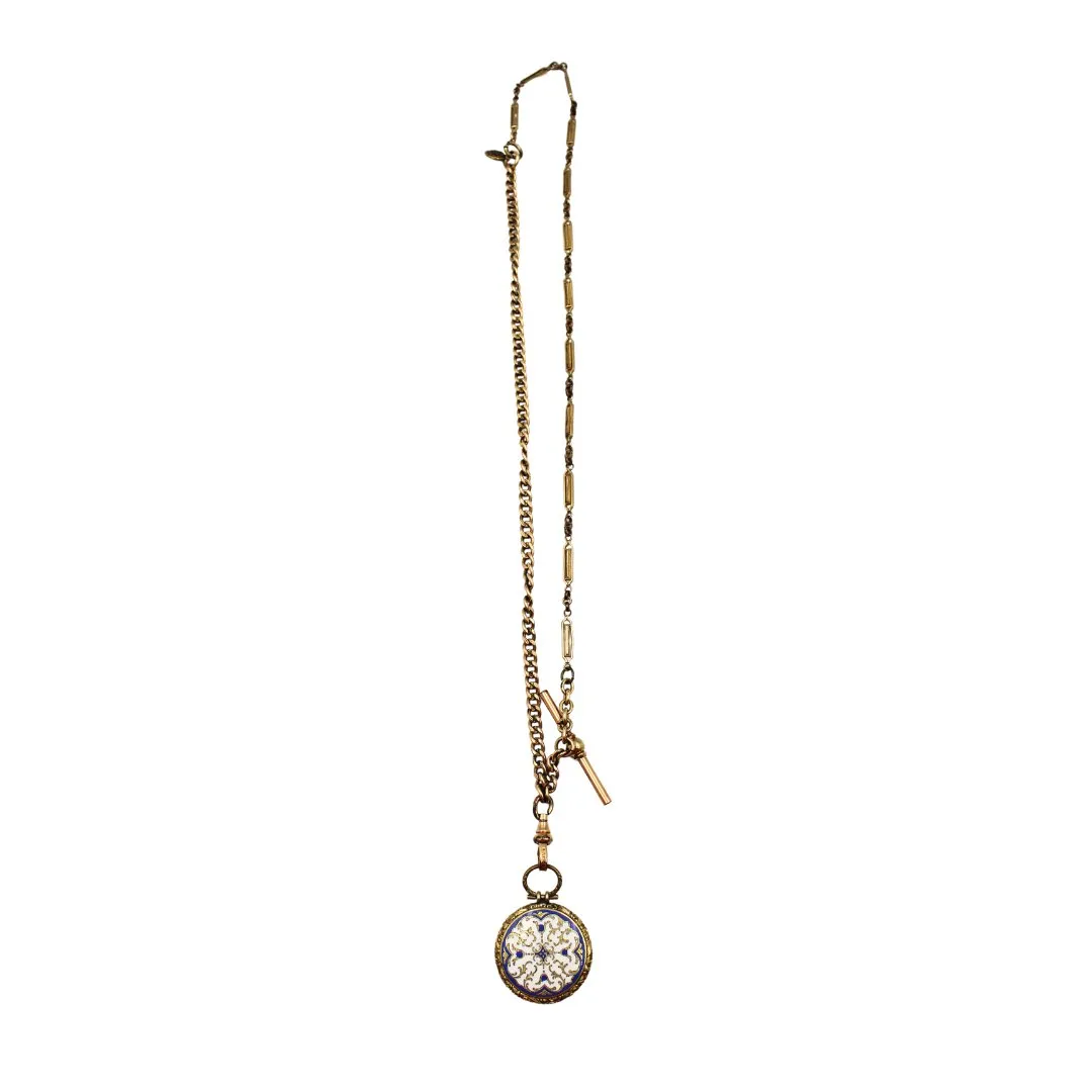 Antique British Enamelled Photo Locket on a Gold-Filled Pocket Watch and Edwardian Chain