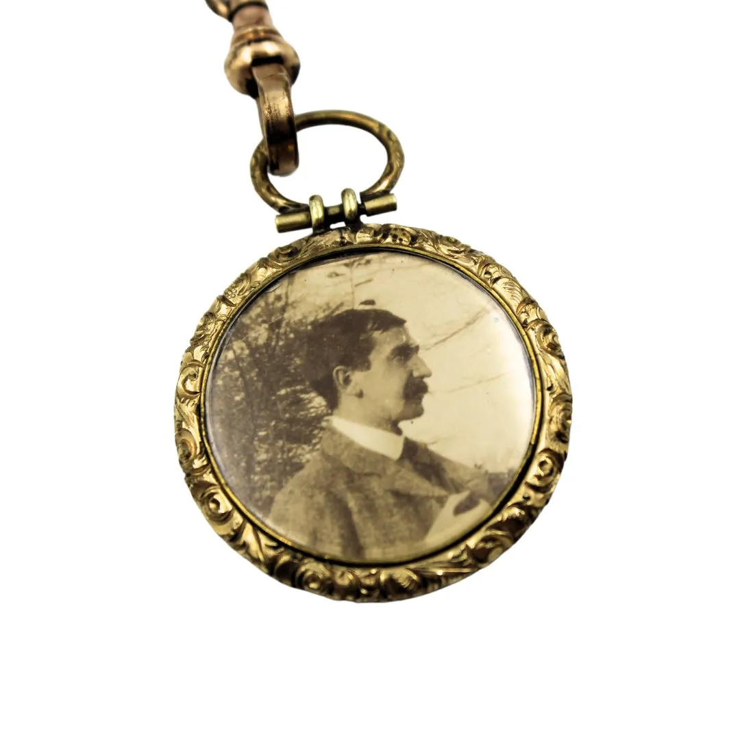 Antique British Enamelled Photo Locket on a Gold-Filled Pocket Watch and Edwardian Chain