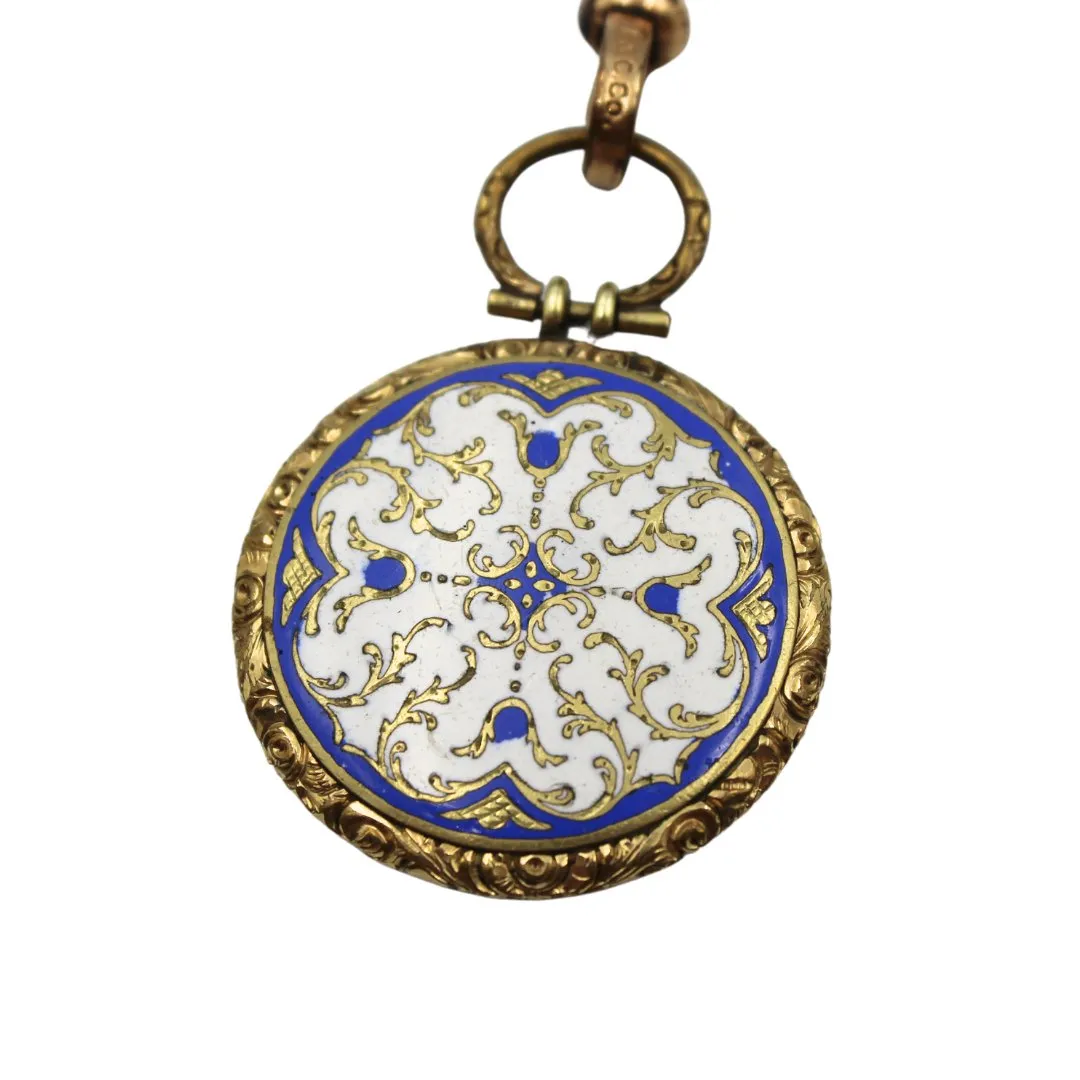 Antique British Enamelled Photo Locket on a Gold-Filled Pocket Watch and Edwardian Chain