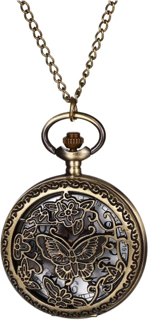 Avaner Hollow Out Pocket Watches: Bronze Butterfly Analog Quartz Pocket Watches with Chain for Men and Women