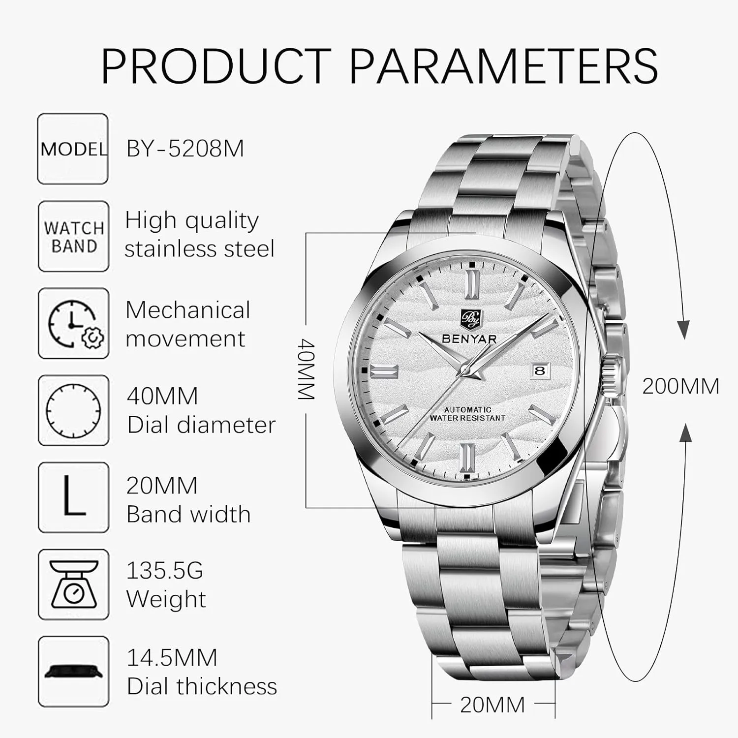 BENYAR Men's Automatic Watch 40MM Dial 50M Water Resistant Luminous Pointer with Date Display Classic Stainless Steel Watch for Men