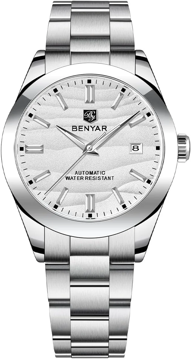 BENYAR Men's Automatic Watch 40MM Dial 50M Water Resistant Luminous Pointer with Date Display Classic Stainless Steel Watch for Men