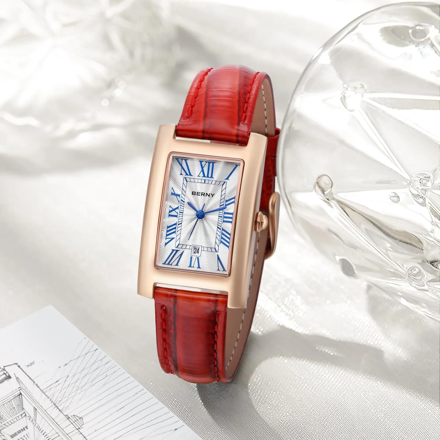 BERNY Rectangular Quartz Watch with for Women Classic Roman Numeral Markers Ladies' Casual Analog Wristwatch with Date Calendar Waterproof Genuine Leather Strap
