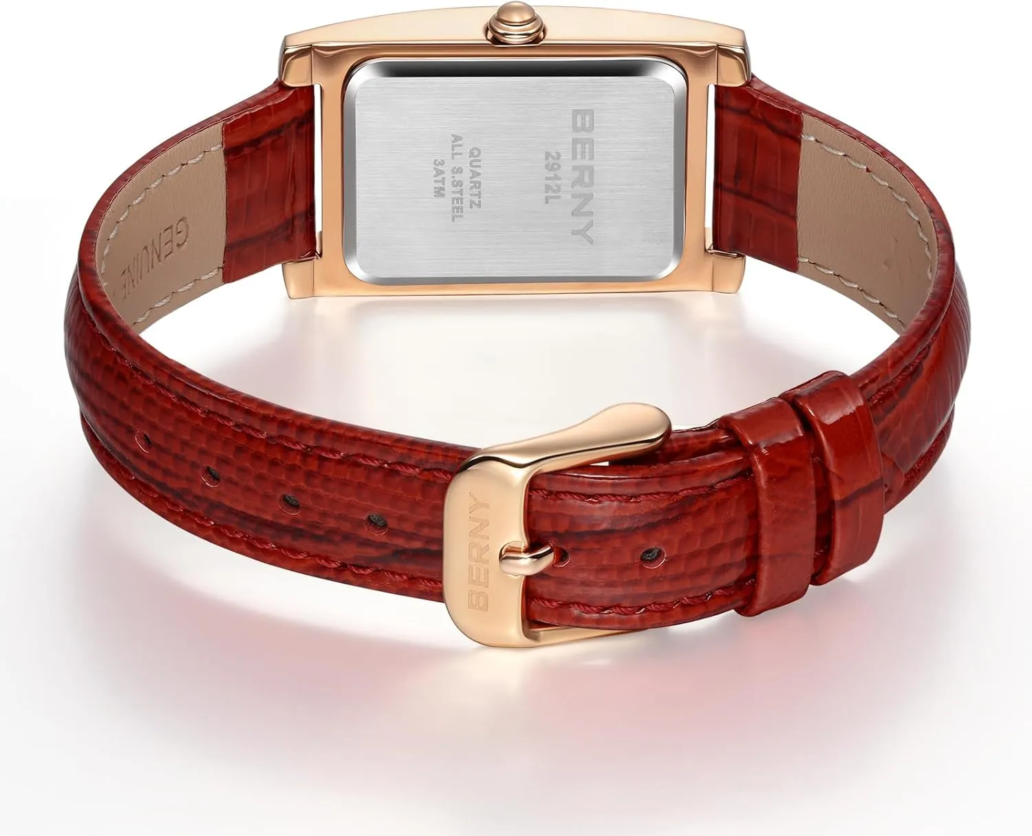 BERNY Rectangular Quartz Watch with for Women Classic Roman Numeral Markers Ladies' Casual Analog Wristwatch with Date Calendar Waterproof Genuine Leather Strap