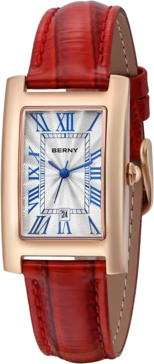 BERNY Rectangular Quartz Watch with for Women Classic Roman Numeral Markers Ladies' Casual Analog Wristwatch with Date Calendar Waterproof Genuine Leather Strap