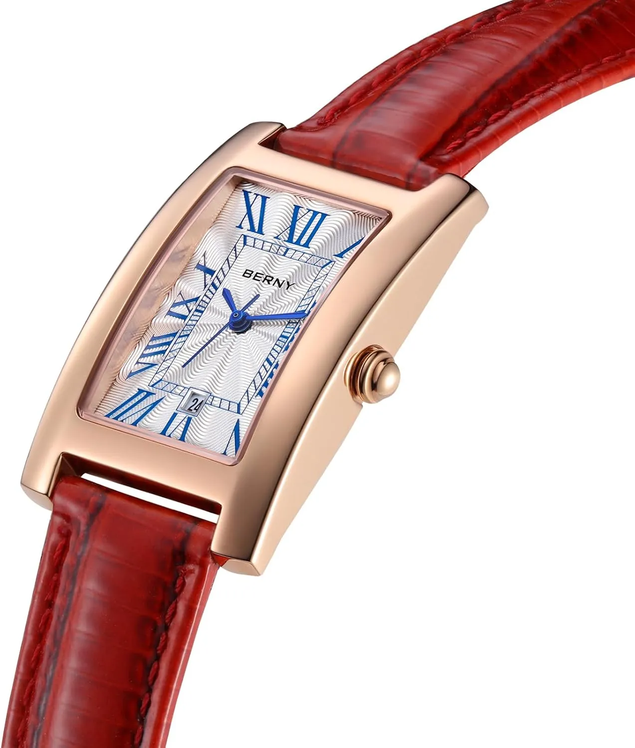 BERNY Rectangular Quartz Watch with for Women Classic Roman Numeral Markers Ladies' Casual Analog Wristwatch with Date Calendar Waterproof Genuine Leather Strap
