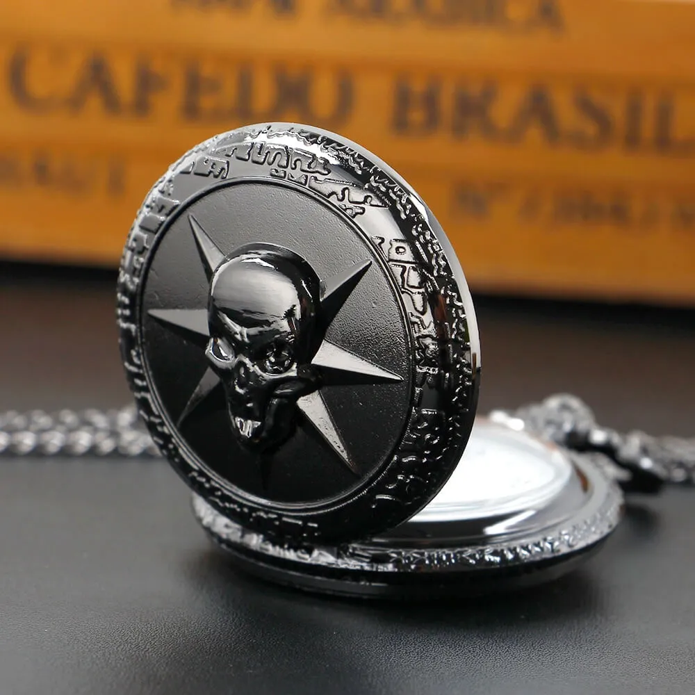 Black Quartz Pocket Chain Watch with Skull / Gothic Style Unisex Accessories
