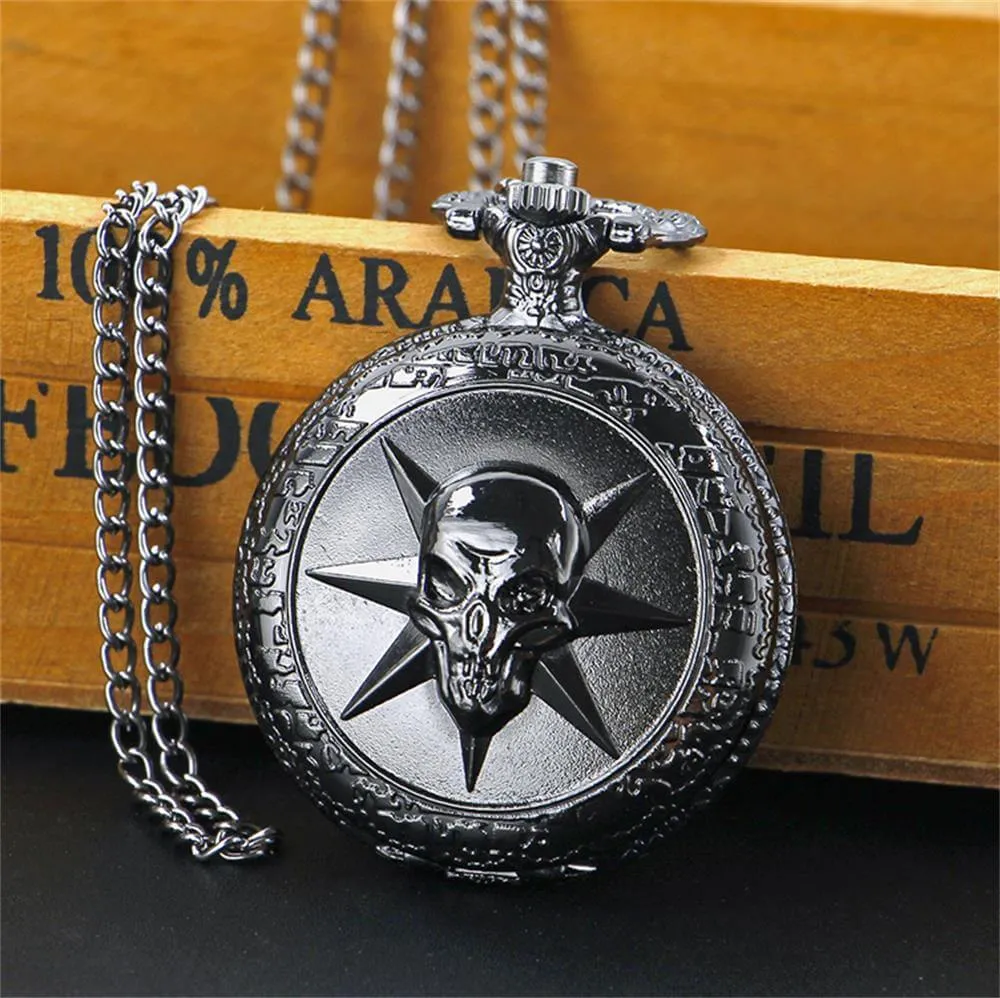 Black Quartz Pocket Chain Watch with Skull / Gothic Style Unisex Accessories