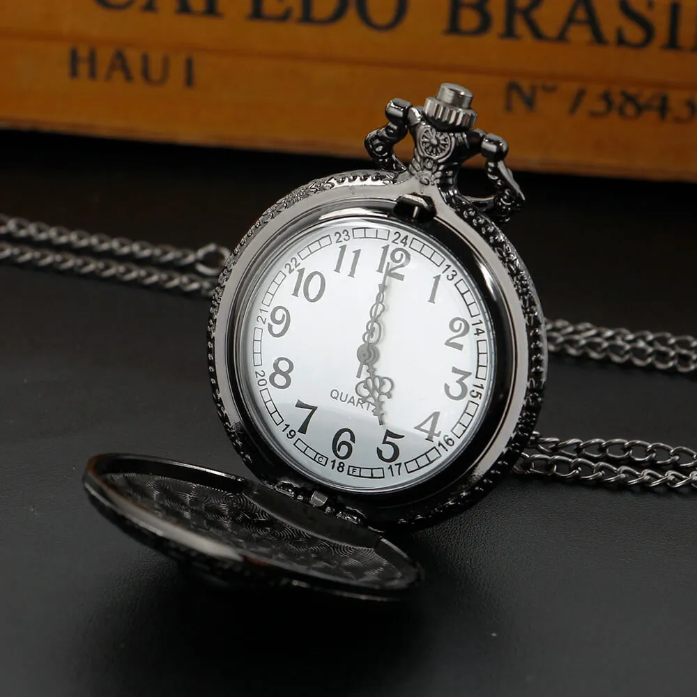 Black Quartz Pocket Chain Watch with Skull / Gothic Style Unisex Accessories