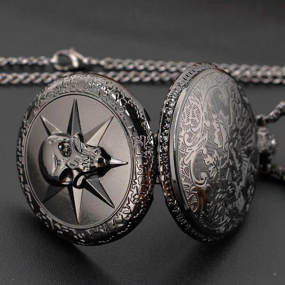 Black Quartz Pocket Chain Watch with Skull / Gothic Style Unisex Accessories
