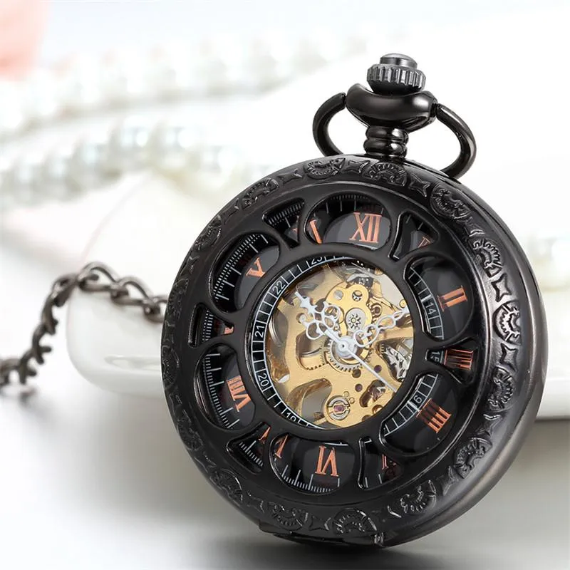 Black See Though Face Retro Vintage Pendant Pocket Watch