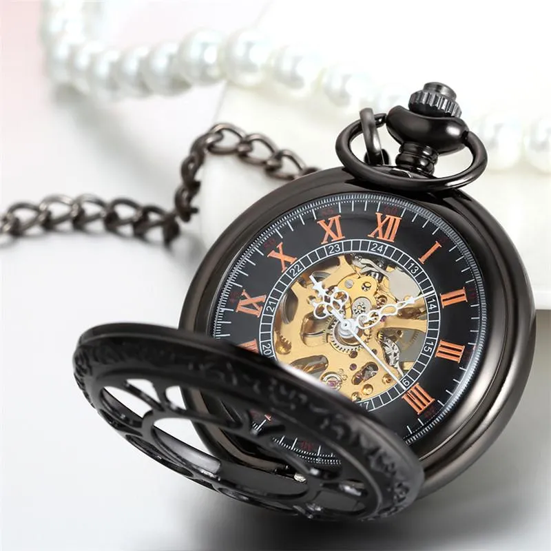 Black See Though Face Retro Vintage Pendant Pocket Watch