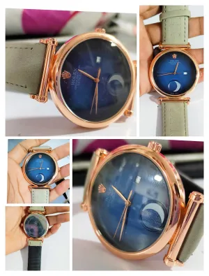 Blue Leather Half Moon Watch For Women's Casual New Trending Style Watch Blue Dial With Rose Gold Meta Date And Grey Color Belt Women's Watch_ Best Gift Watch RLX-2-44