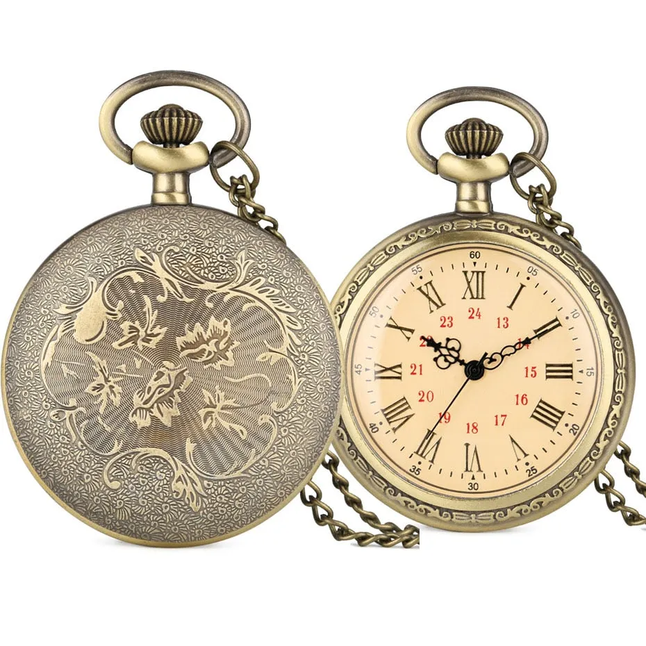 Bronze Retro Roman Numerals Display Quartz Pocket Watch Vintage