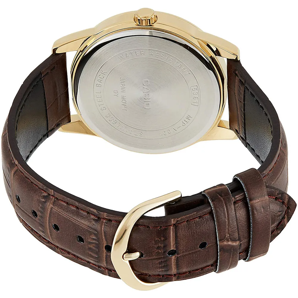 Casio Mens Brown Leather Strap Easy Reader Gold Dial Analog Quartz Watch - MTP-V001GL-9BUDF