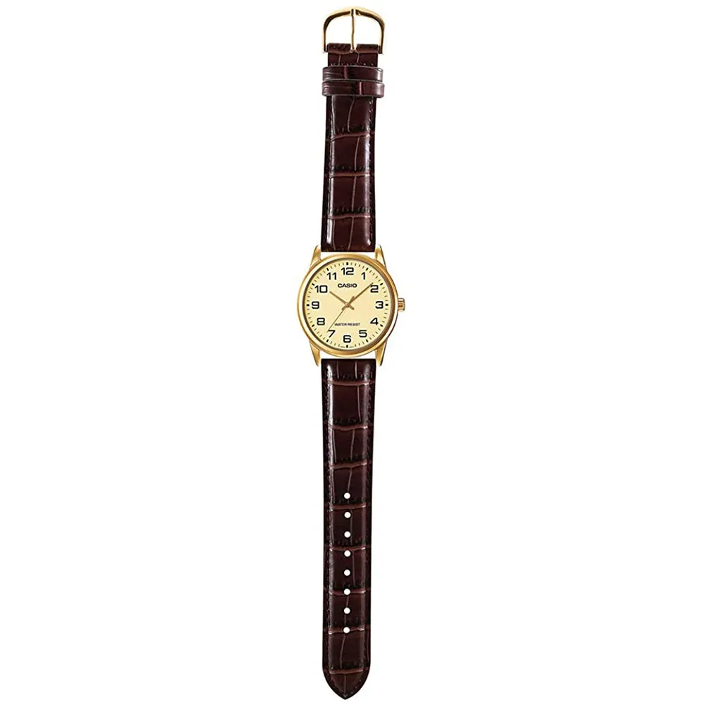 Casio Mens Brown Leather Strap Easy Reader Gold Dial Analog Quartz Watch - MTP-V001GL-9BUDF