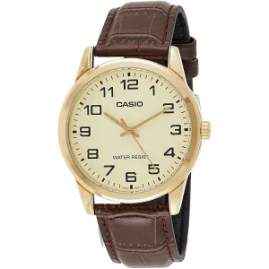 Casio Mens Brown Leather Strap Easy Reader Gold Dial Analog Quartz Watch - MTP-V001GL-9BUDF