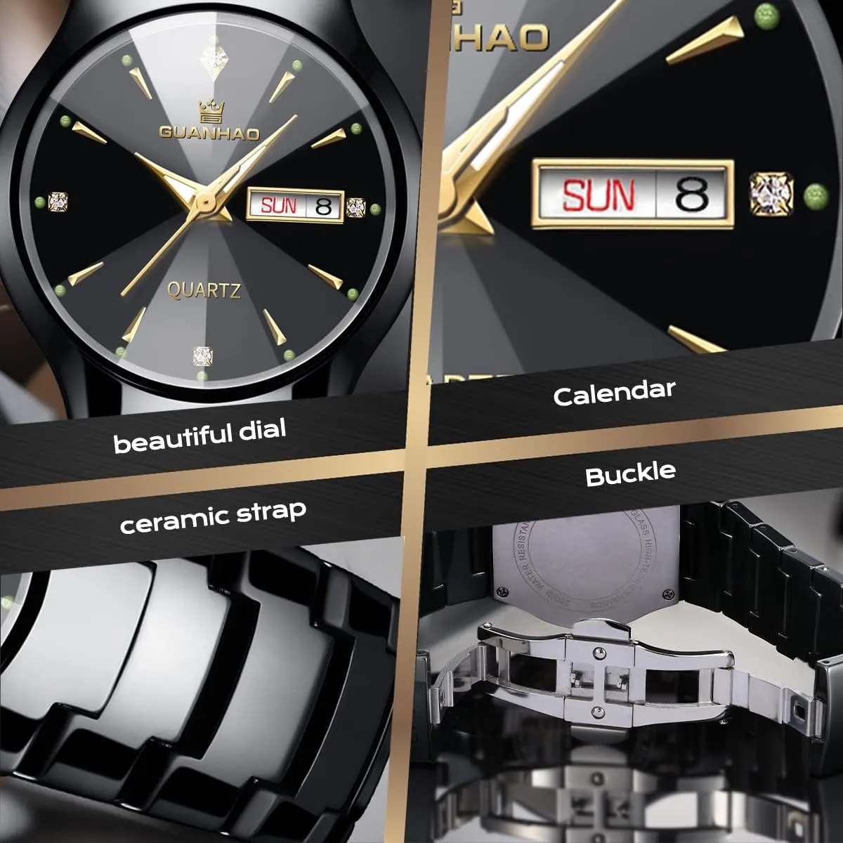 Ceramic Men Watches, Black White Dial, Dress Quartz Calendar Wristwatches for Men, Ceramic Band Watches for Men