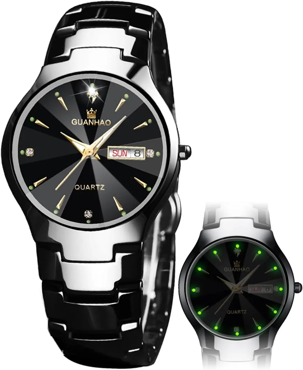 Ceramic Men Watches, Black White Dial, Dress Quartz Calendar Wristwatches for Men, Ceramic Band Watches for Men