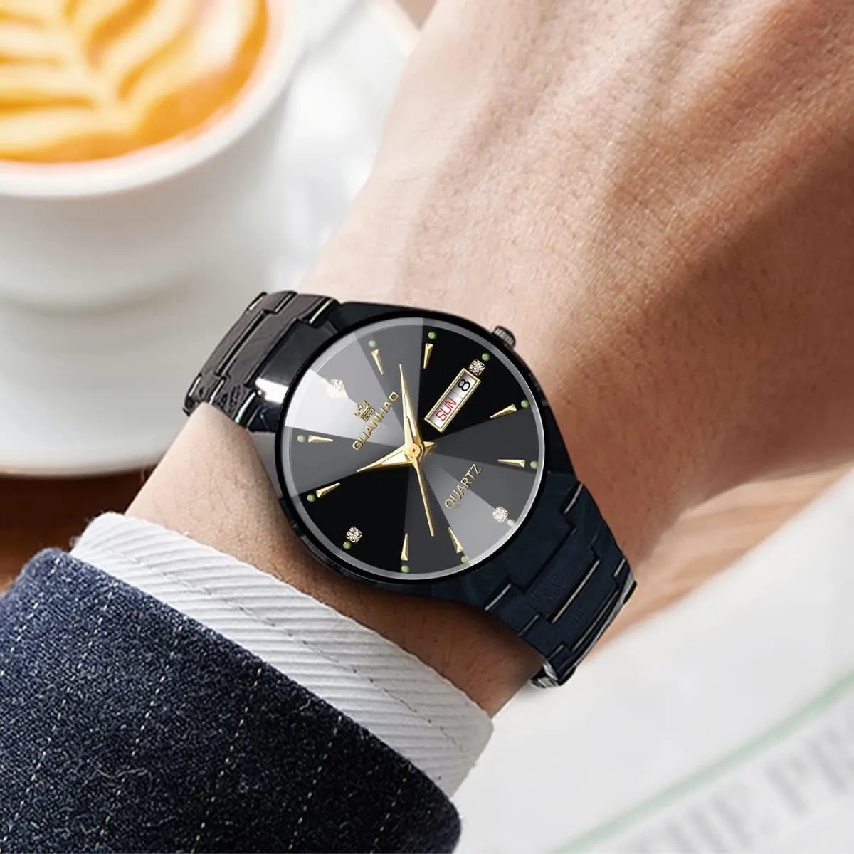 Ceramic Men Watches, Black White Dial, Dress Quartz Calendar Wristwatches for Men, Ceramic Band Watches for Men